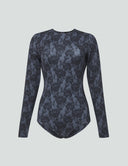 Luxe Long Sleeve Bodysuit in black lace print, perfect for layering and style.