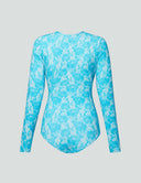 Back view of Luxe Long Sleeve Bodysuit in blue Italian lace print, perfect for seamless layering and style.