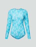 Luxe long sleeve bodysuit in blue Italian-inspired lace print, perfect for layering and seamless style.