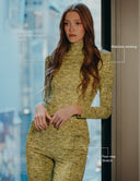 Model wearing the Lucky Lady outfit showcasing easy-care, moisture-wicking, and four-way stretch features.