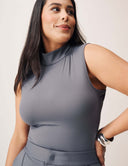 Luxe Sleeveless Bodysuit in grey with turtleneck design and sleek fit, ideal for versatile styling.