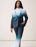 Model wearing the Power Shift Pant with matching blazer in ombre design, showcasing modern tailored styling.