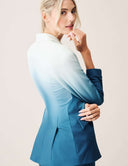 Model wearing the Power Shift Blazer in Tropical Fade, showcasing sophisticated tailoring and ombre design.