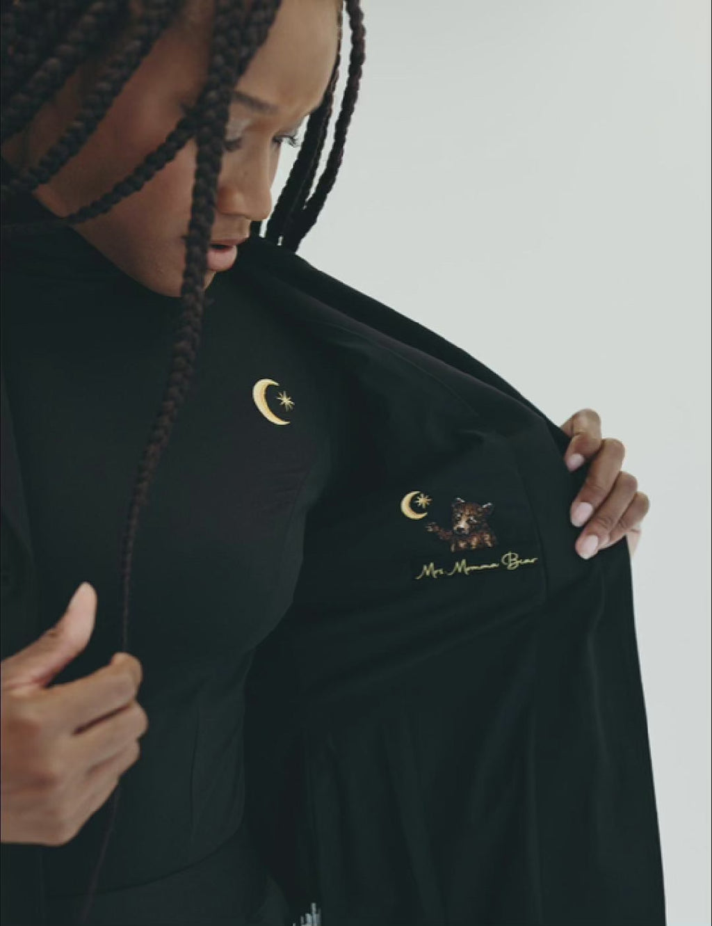 Model wearing the You Hung the Moon Blazer, a stylish Western-inspired tuxedo jacket in black, showcasing the inner embroidery.