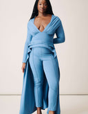 Promise Me Nothing Set - Marina in elegant blue, showcasing a deep V-neck top and high-waisted tapered pants.