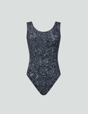 Iconic Scoop Neck Tank Bodysuit in Black Diamond print with black sequin details on light background.
