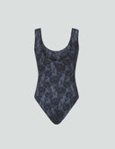 Iconic Scoop Neck Tank Bodysuit in black lace print, perfect for stylish layering and comfort.