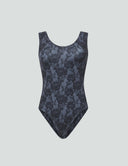 Iconic Scoop Neck Tank Bodysuit in black lace print, perfect for layering and stylish comfort.