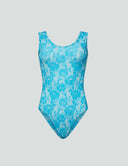 Iconic Scoop Neck Tank Bodysuit in blue Italian lace print, designed for comfort and style under any outfit.