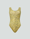 Iconic Scoop Neck Tank Bodysuit in gold sequin print, perfect for layering and stylish comfort.