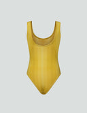Iconic yellow scoop neck tank bodysuit featuring activewear fabric and original lamé print.