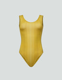 Iconic Scoop Neck Tank Bodysuit in vibrant yellow, showcasing a sleek design for comfort and style. Perfect base layer option.