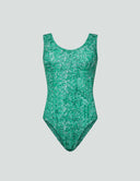 Iconic Scoop Neck Tank Bodysuit in Verde Mi Amor green sequin print, showcasing seamless comfort and style for versatile layering.