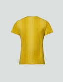 Back view of the Signature Luxe Tee in vibrant yellow showcasing a unique lamé print.